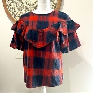 BCBGENERATION Pouffed Sleeved Ruffled Top Navy and Rust  Plaid NWT Size XS❤️